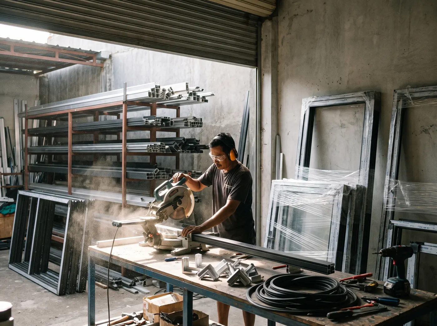 Worker cutting a charcoal aluminium window profile on a mitre saw in a window fabrication workshop in Denpasar, Bali