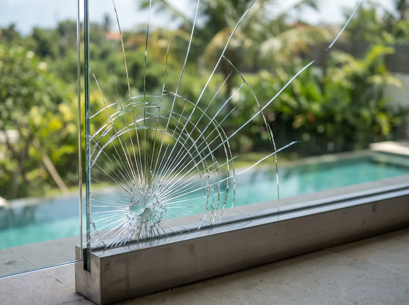 Cracked laminated glass balustrade panel still held together by its interlayer and standing in its base channel on a villa terrace in Bali