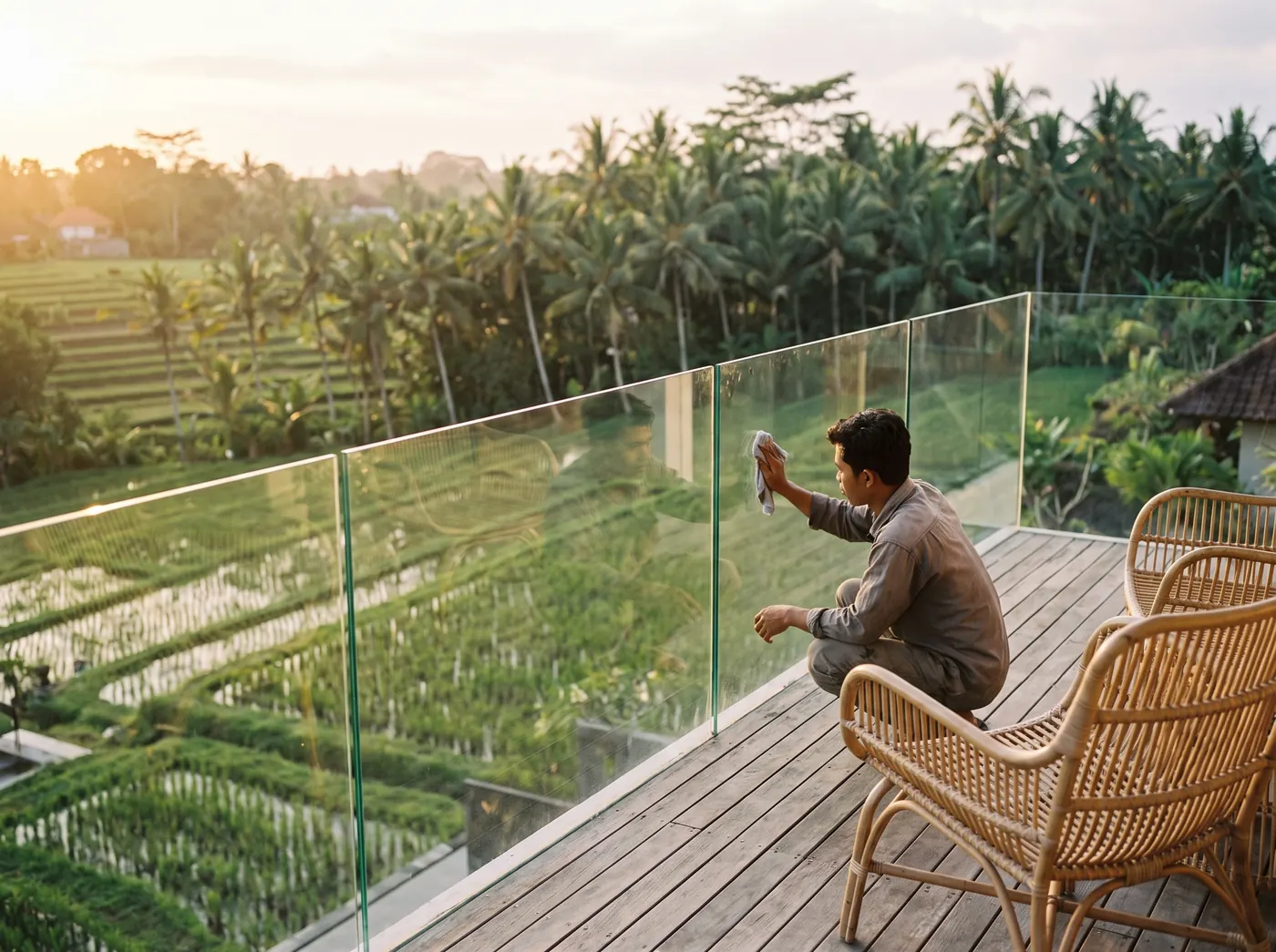Frameless glass balustrade on a villa terrace overlooking rice fields near Ubud, Bali, being wiped clean at sunset