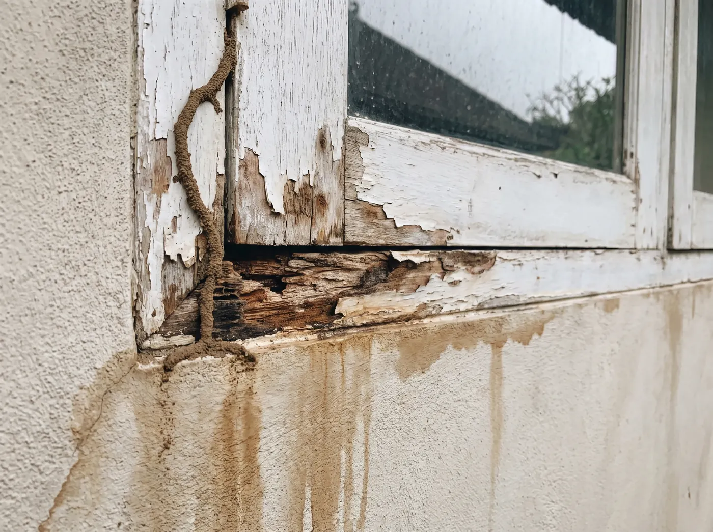 Rotten lower corner of an old painted timber window in a Bali villa, with a termite tube and water stains on the wall below