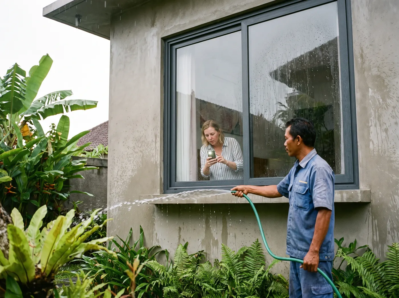 Technician hose-testing an aluminium window from outside a villa in Pererenan, Bali, while the owner checks the inside sill for drips