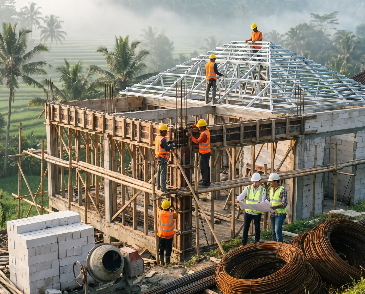Construction crew assembling a timber-and-concrete villa frame on a green hillside site in Bali