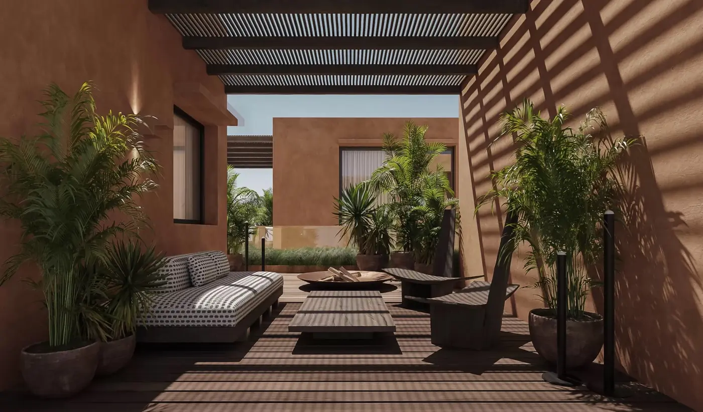 Terracotta terrace and timber pergola at Five Stories Villas, Pererenan