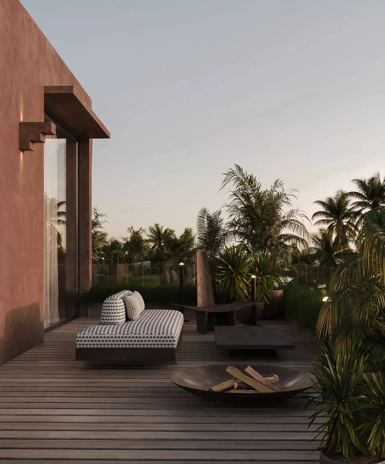 Earth-rendered villa exterior and garden at Five Stories, Pererenan
