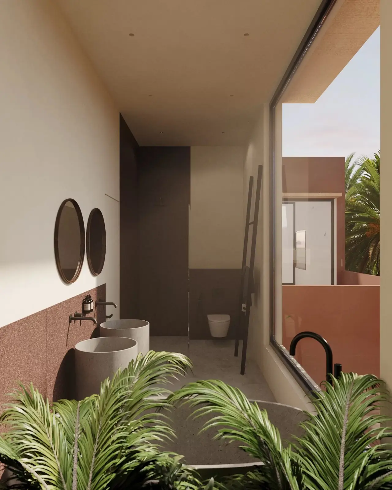 Twin round mirrors and stone basins in a Five Stories bathroom