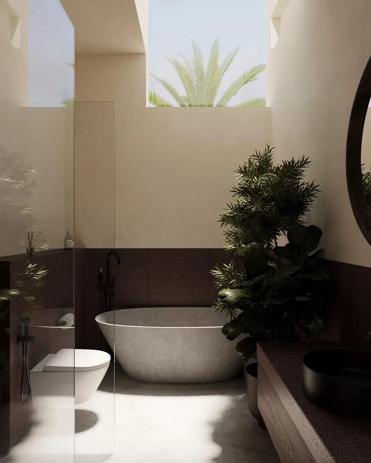 Freestanding stone bathtub and planting in a Five Stories villa