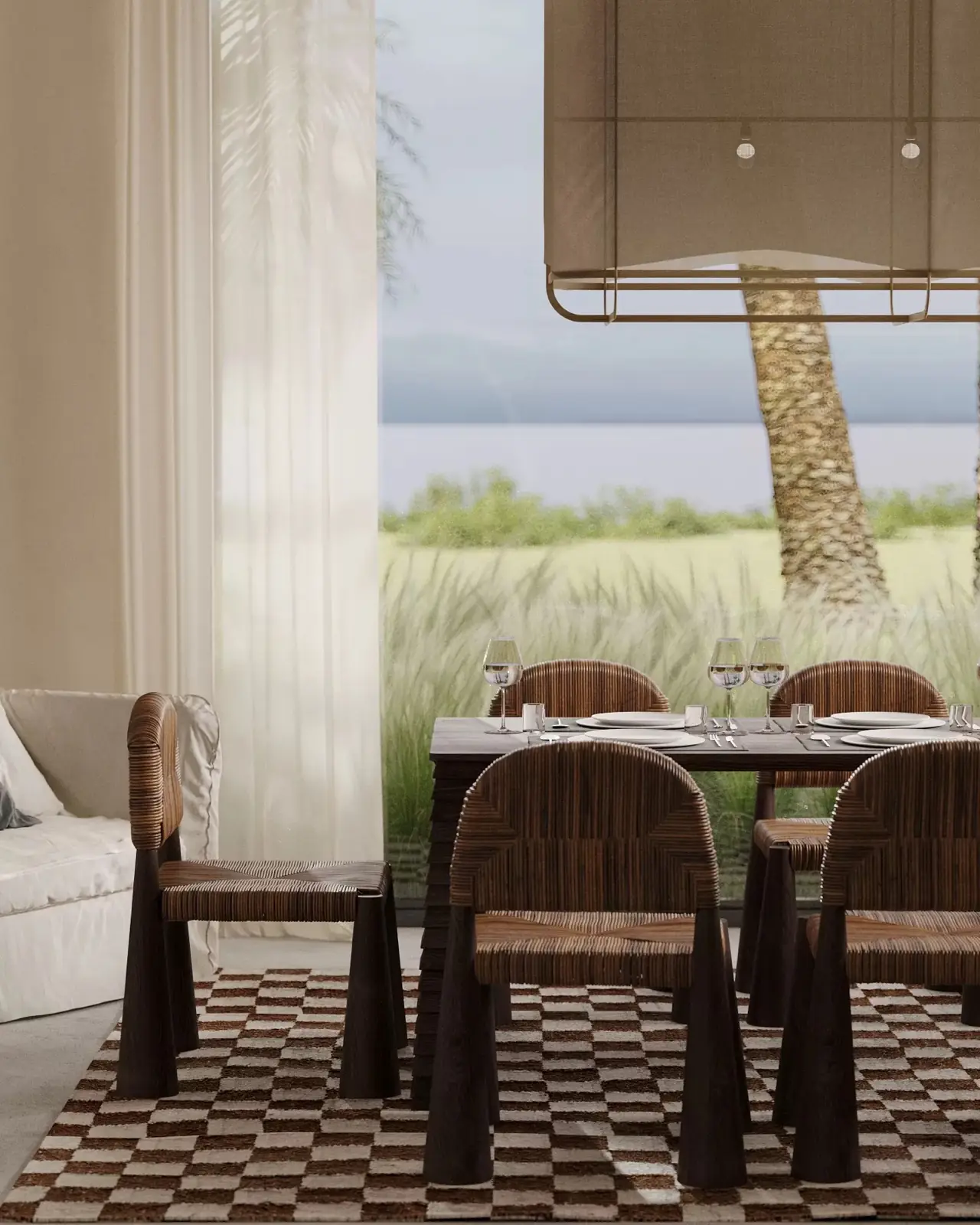 Outdoor dining area with rattan chairs at Five Stories Villas
