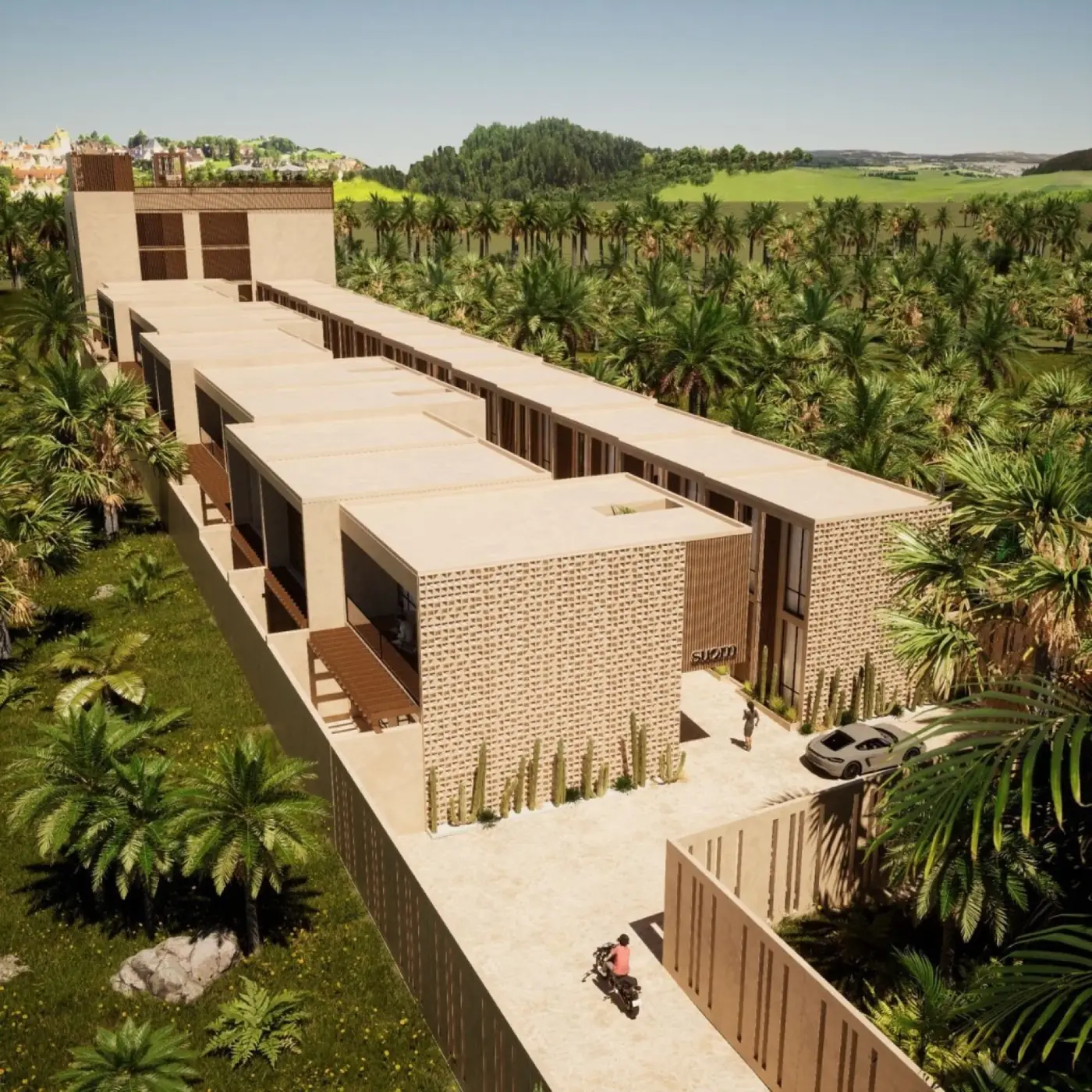 Aerial view of the SUOM residential complex with patterned screen facades