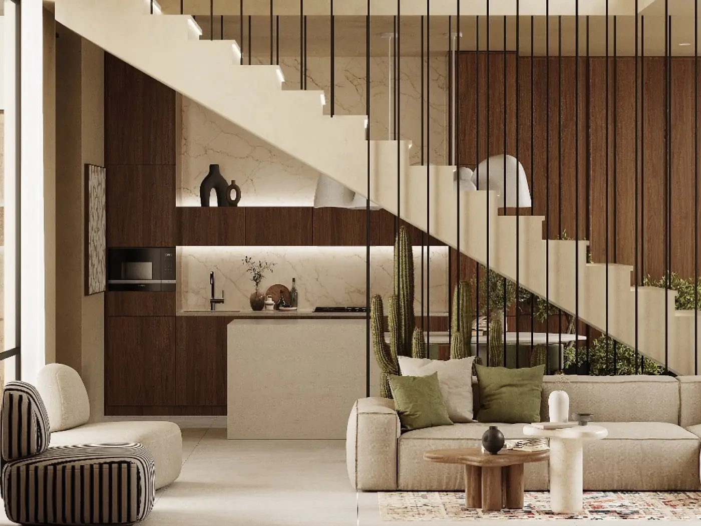 Living space and open staircase inside a SUOM residence