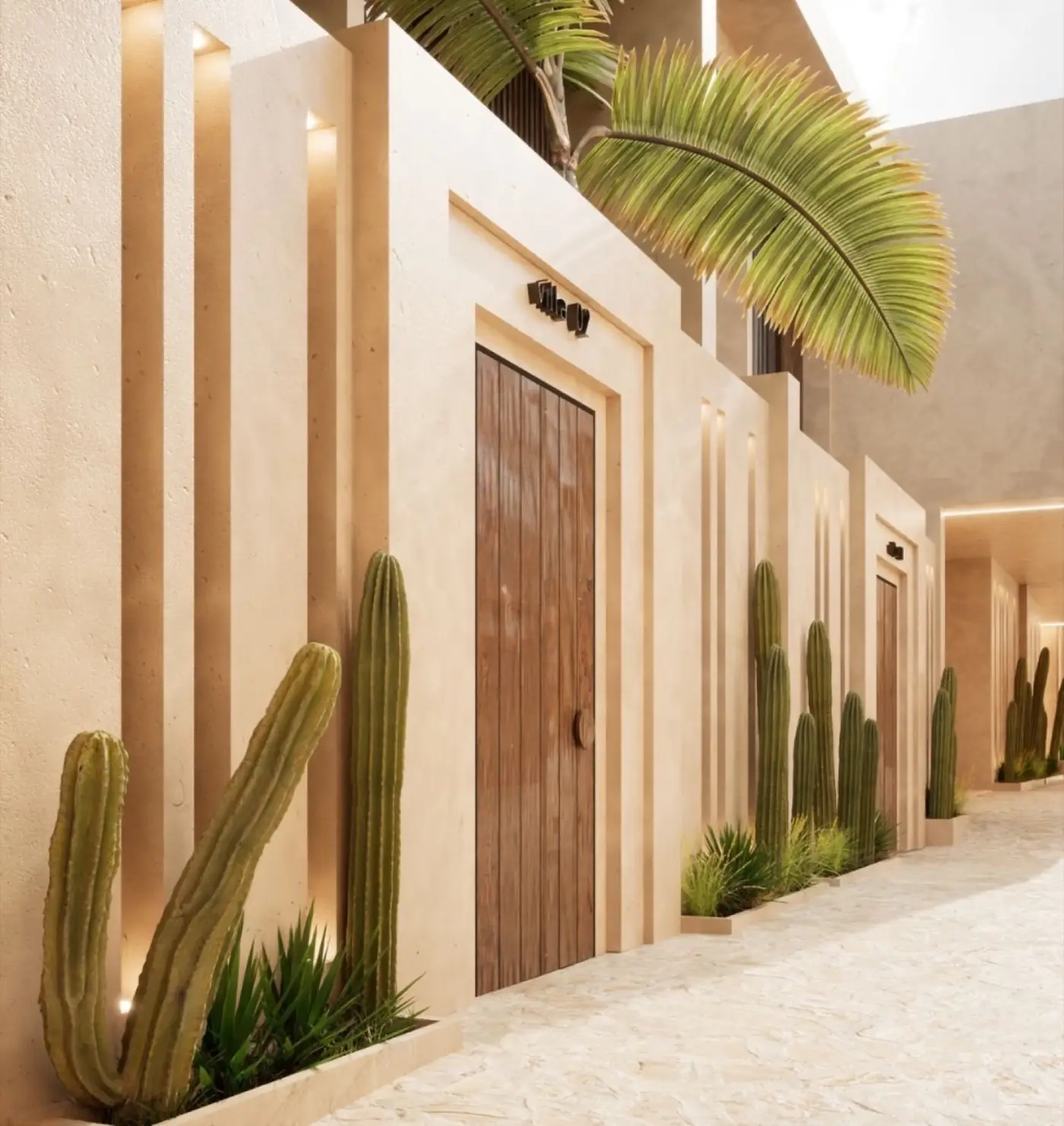 Cactus-planted courtyard corridor and timber door at SUOM