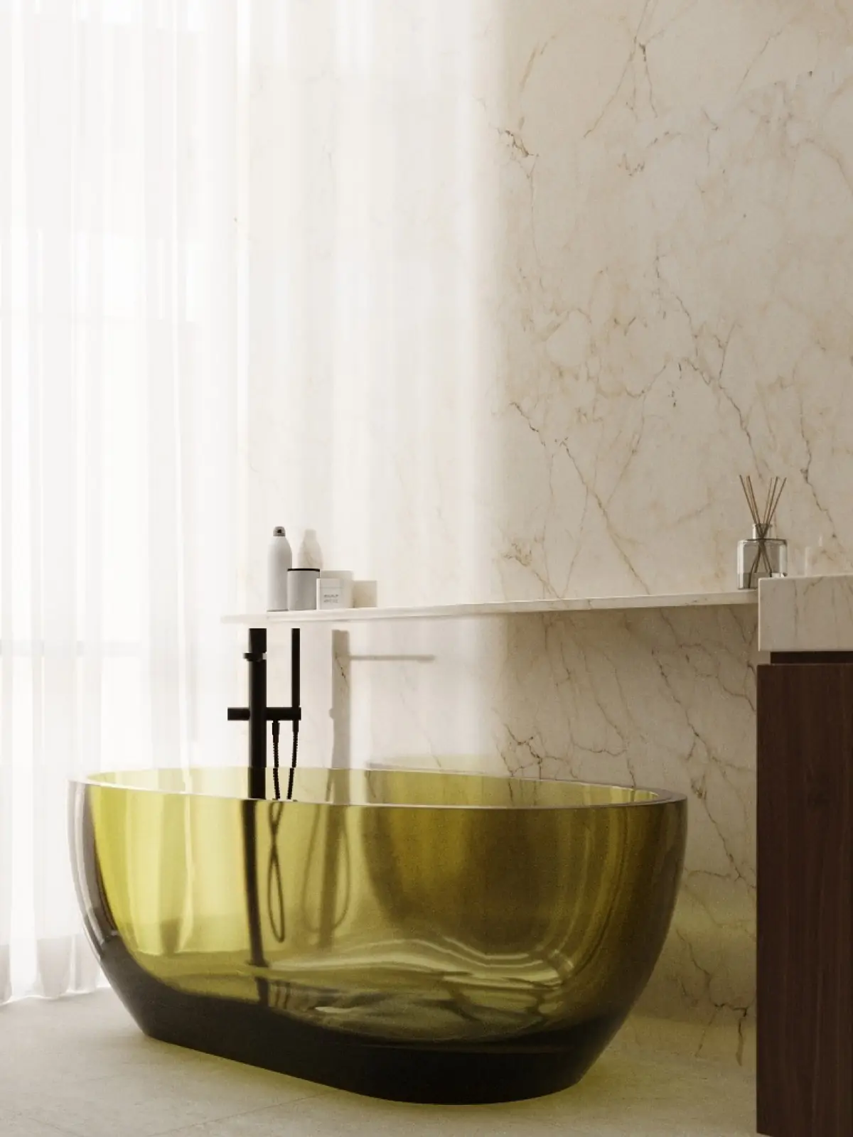 Marble bathroom with a freestanding tub in a SUOM apartment