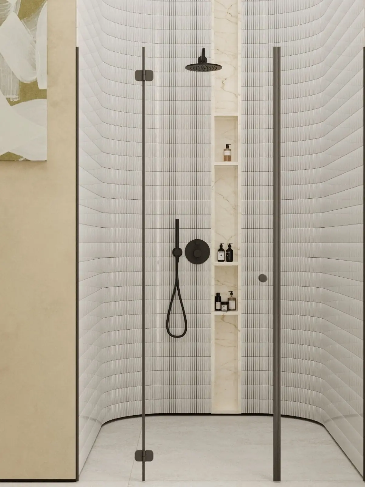 Ribbed tile shower with recessed niches in a SUOM residence