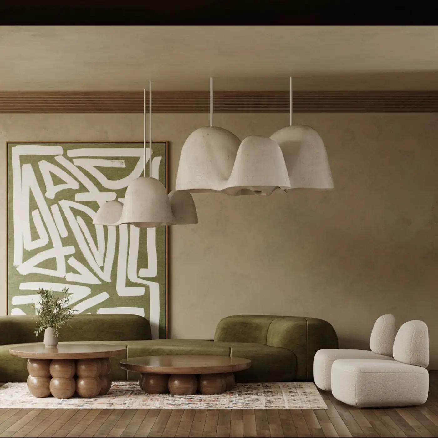 Lounge with sculptural pendant lighting in the SUOM complex