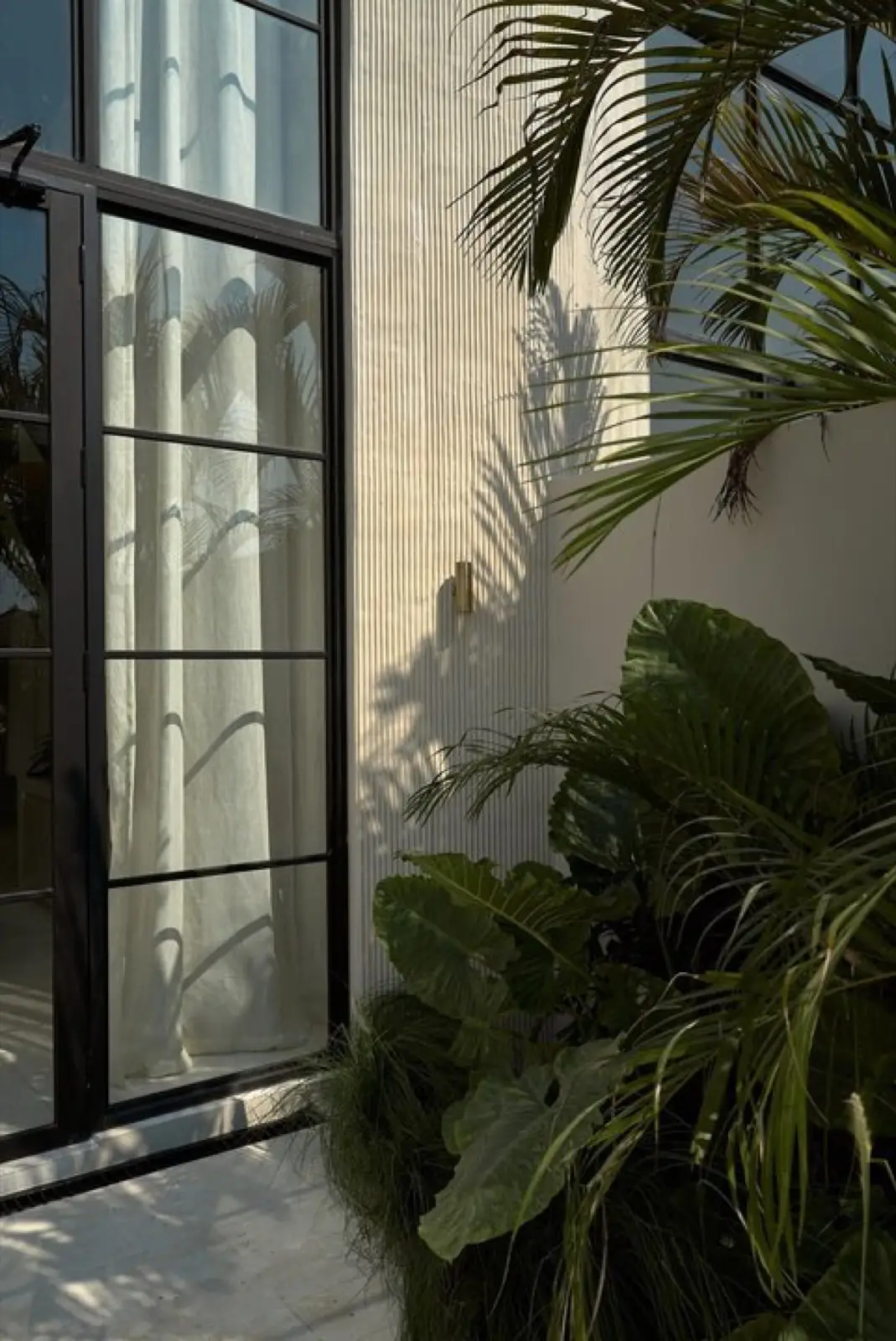 Glazed facade of a Vesna townhouse framed by tropical foliage