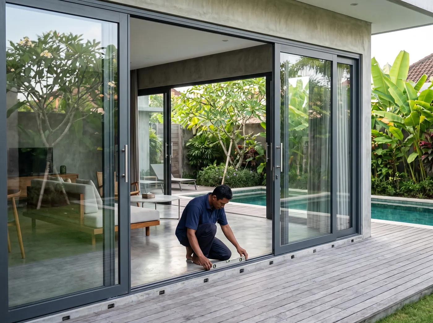 Technician levelling the bottom track of a four-panel aluminium stacking sliding door that opens onto a villa pool terrace in Canggu, Bali
