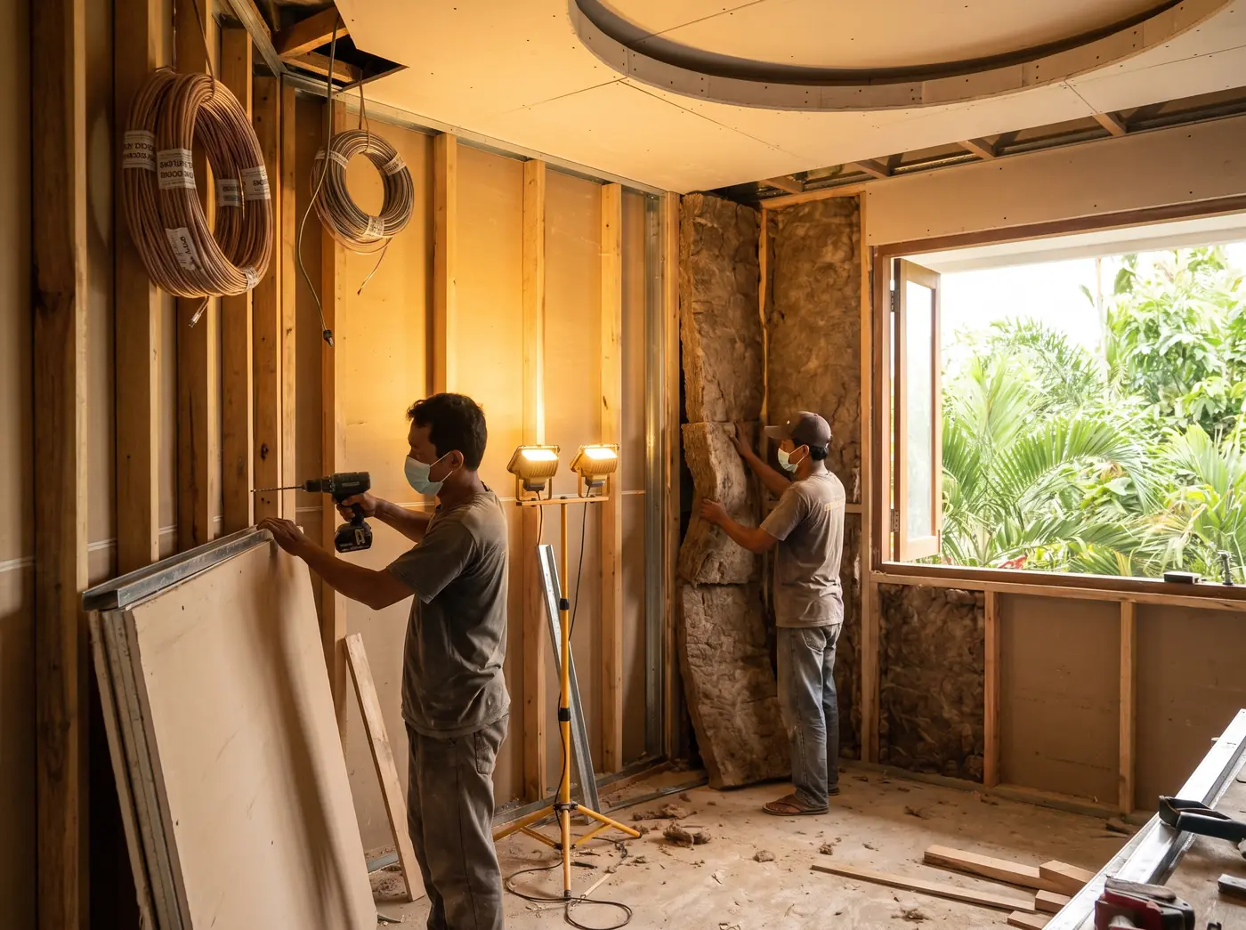 Carpenters building an insulated double-stud cinema room wall with acoustic panels in a Bali house