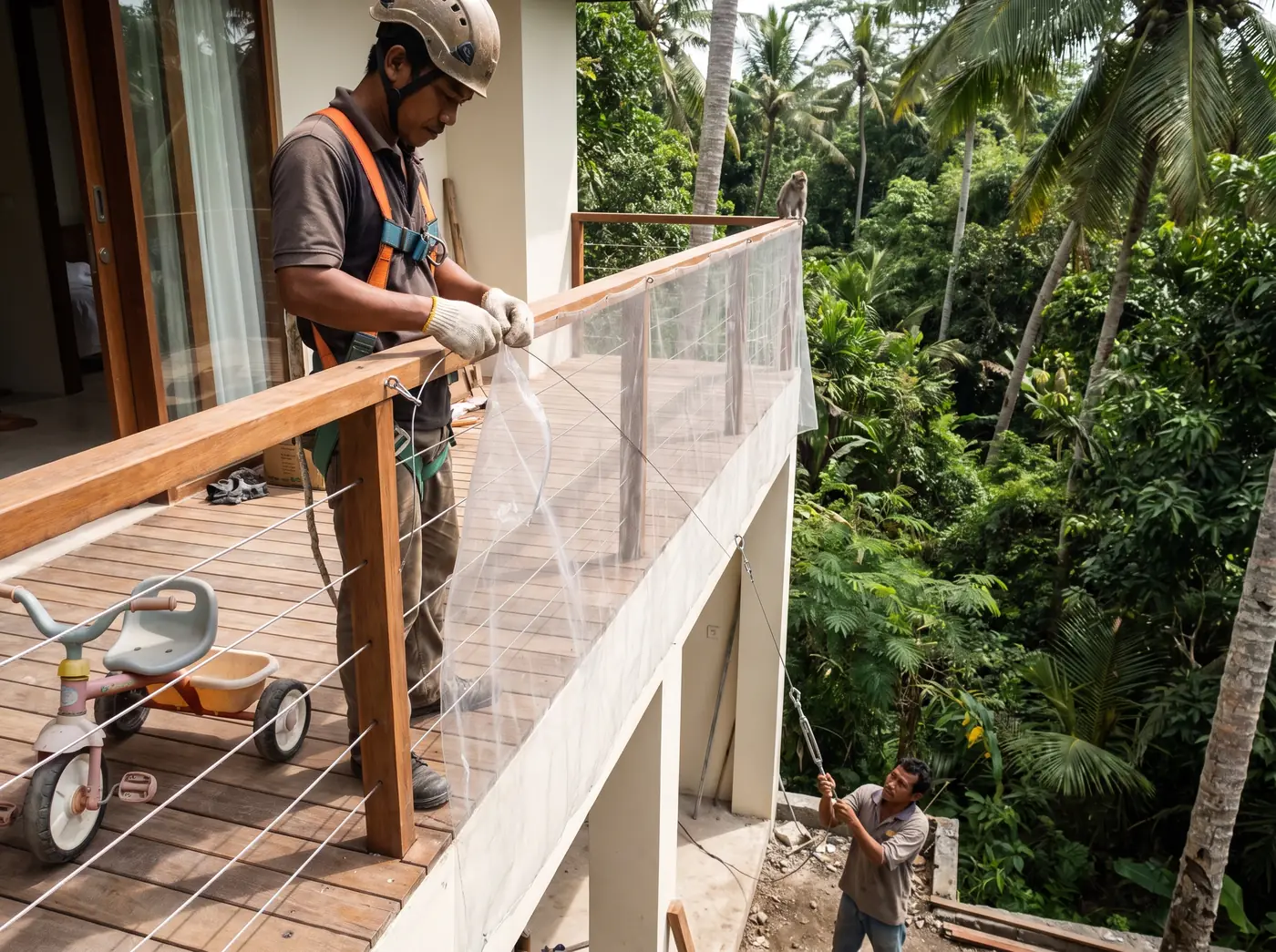 Installer tensioning a black safety net along a first-floor balcony railing at a Bali villa