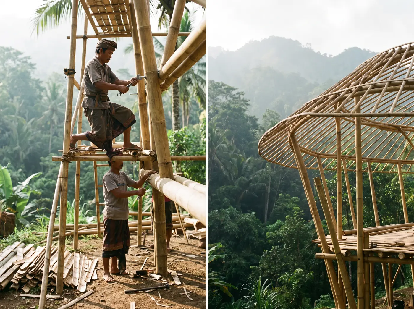 Bamboo crew fitting a fish-mouth joint on a petung column of a pavilion frame in Bali