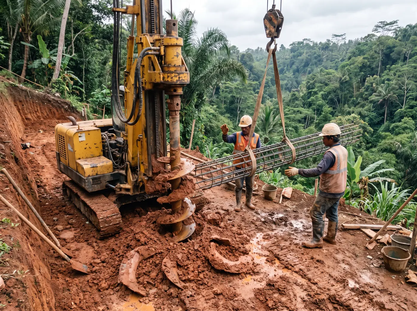 Piling crew lowering a steel reinforcement cage into a bored pile hole beside a mini rig on a sloped Bali site