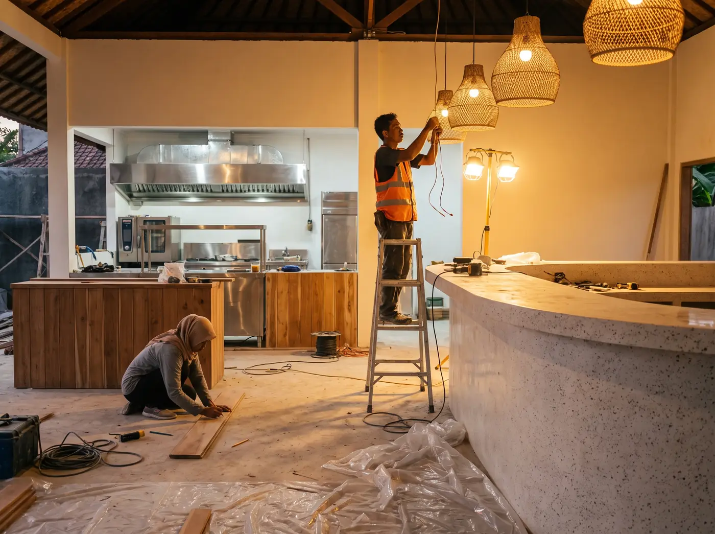 Fit-out crew installing a stainless extraction canopy in a Bali restaurant kitchen