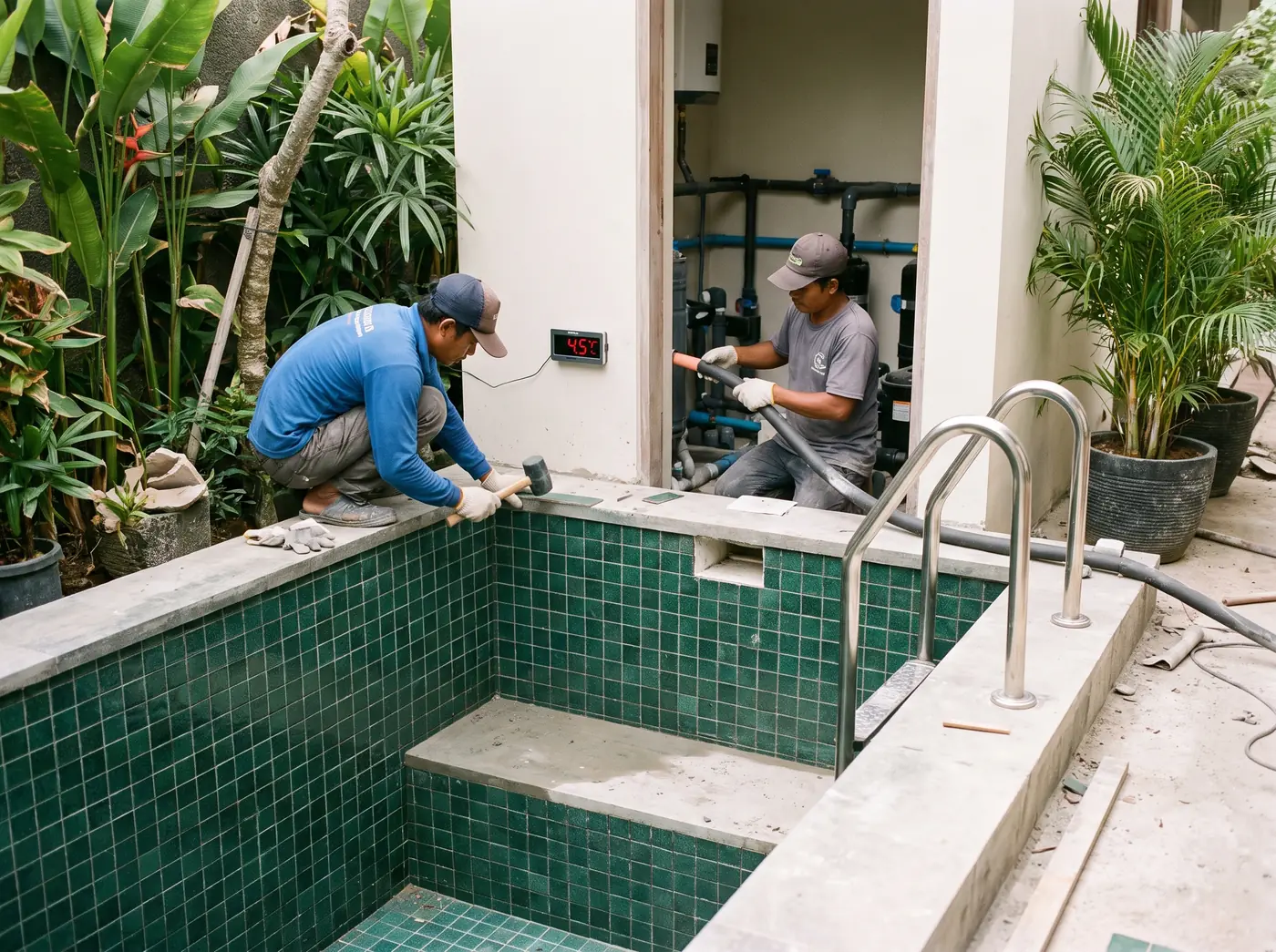 Construction crew tiling a reinforced concrete cold plunge inside a Bali recovery studio