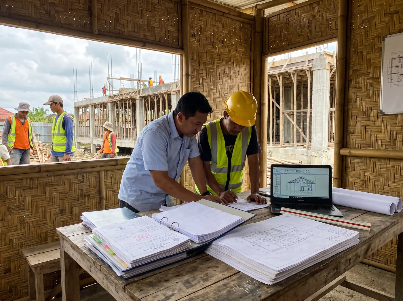 Engineer preparing technical permit drawings at a site office table on a Bali construction project