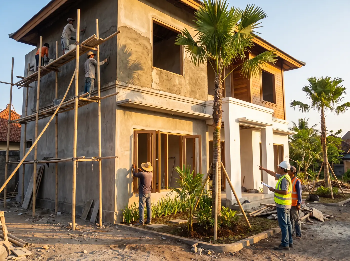 Construction crew raising the concrete frame of a two-storey family home in Bali