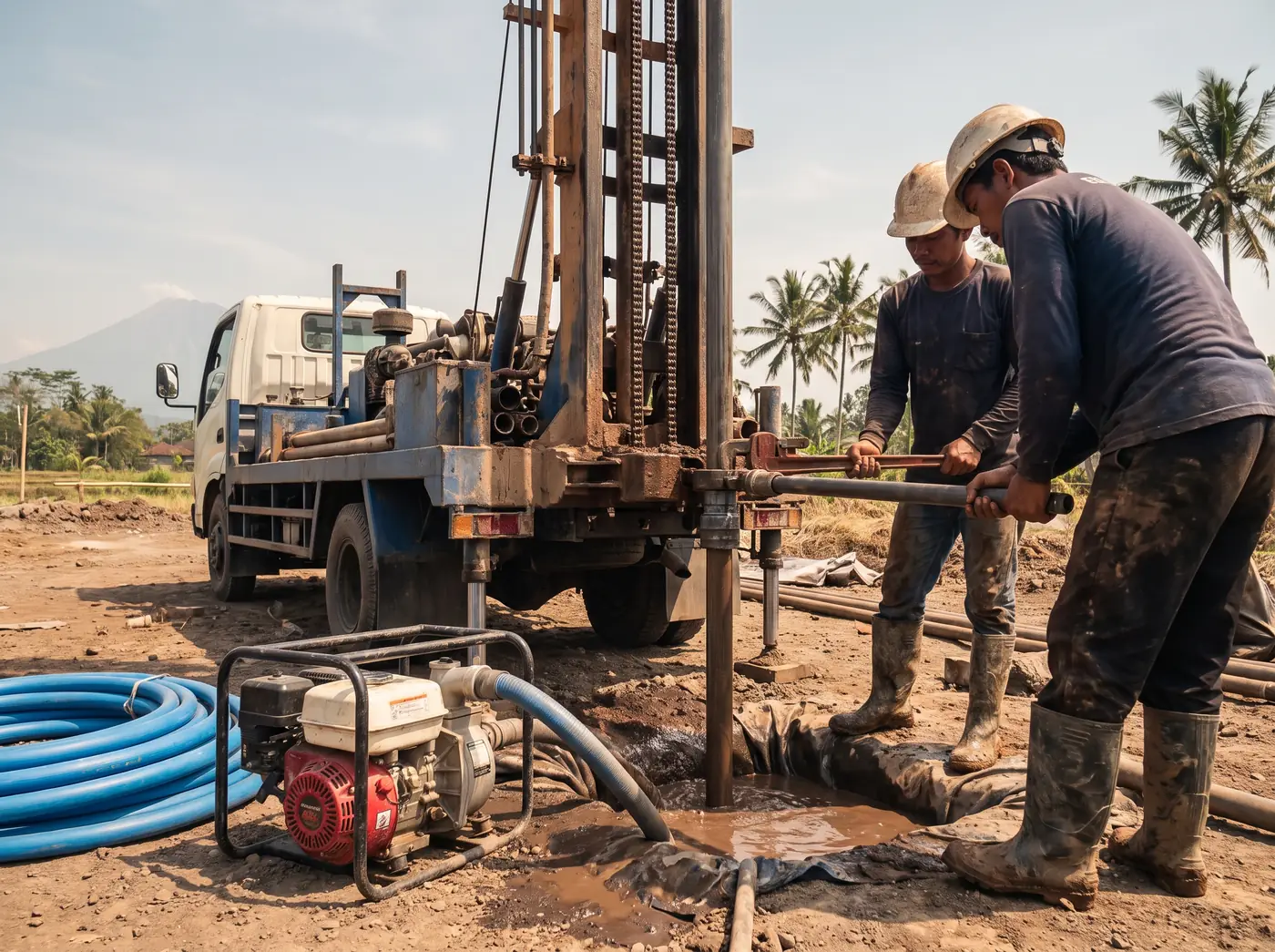 Drilling rig sinking a deep water well on a Bali property while the crew handle casing pipe