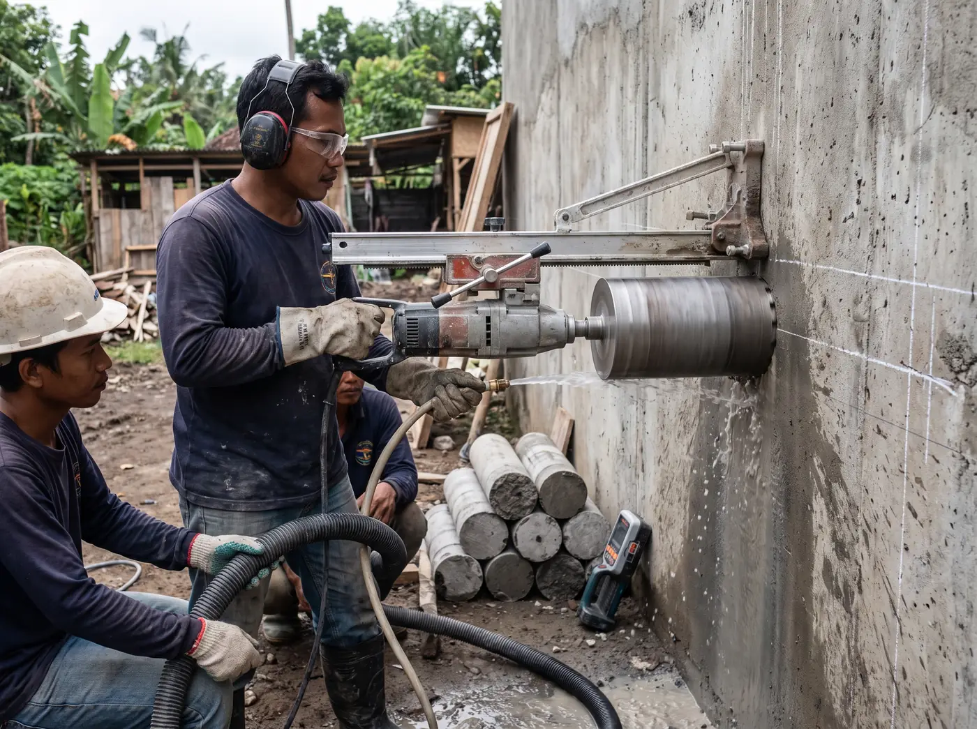 Operator running a water-fed diamond core drill through a concrete slab while a colleague scans a wall for rebar in Bali