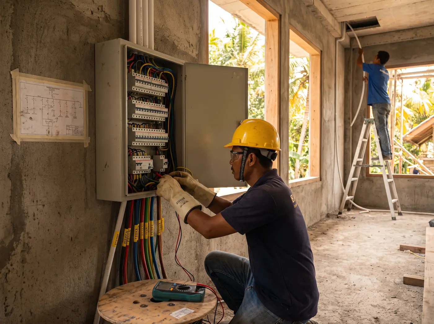 Electrical crew pulling cable into conduit and wiring a distribution panel on a Bali construction site