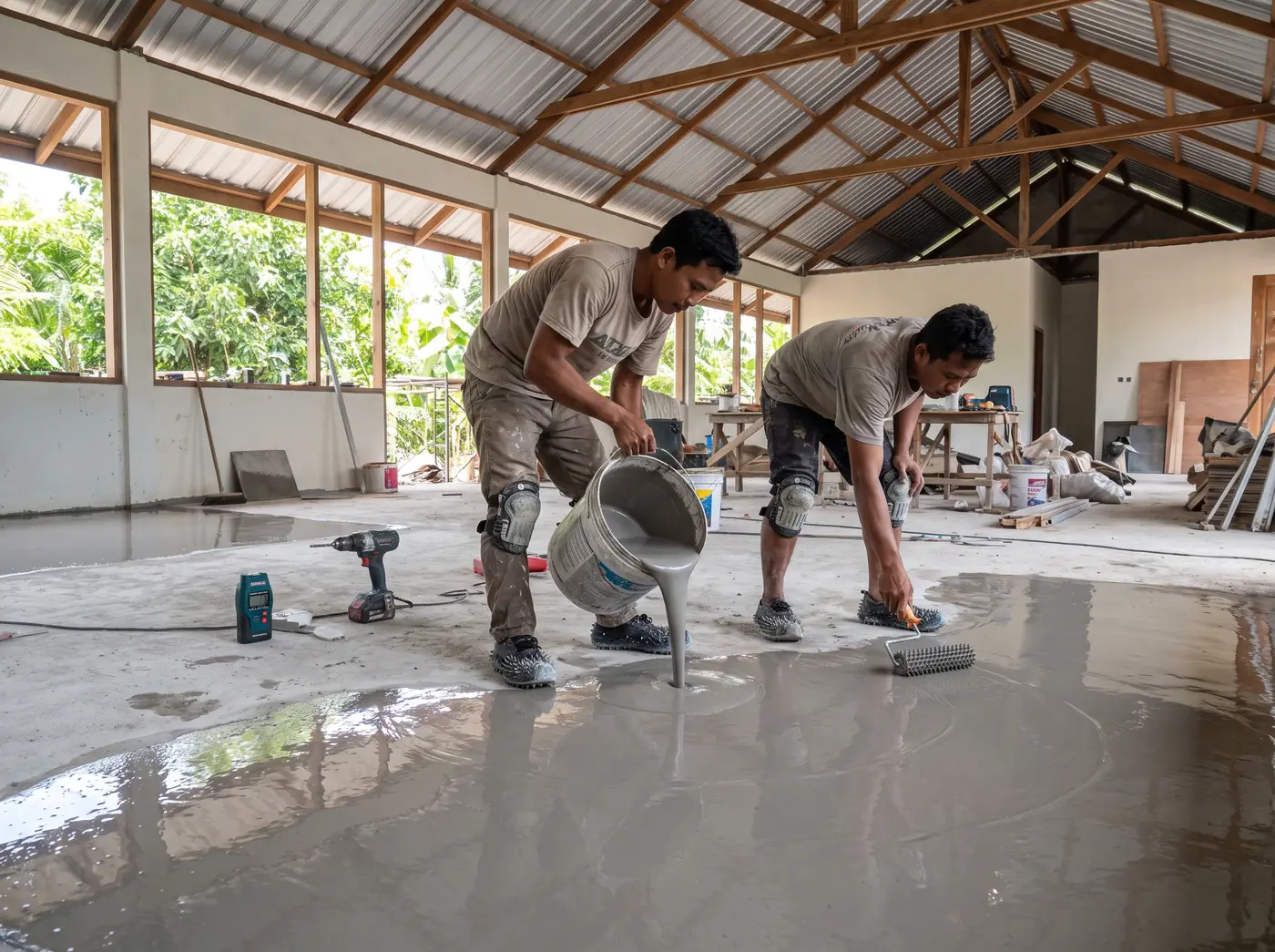 Flooring crew squeegeeing self-levelling epoxy resin across a workshop slab in Bali