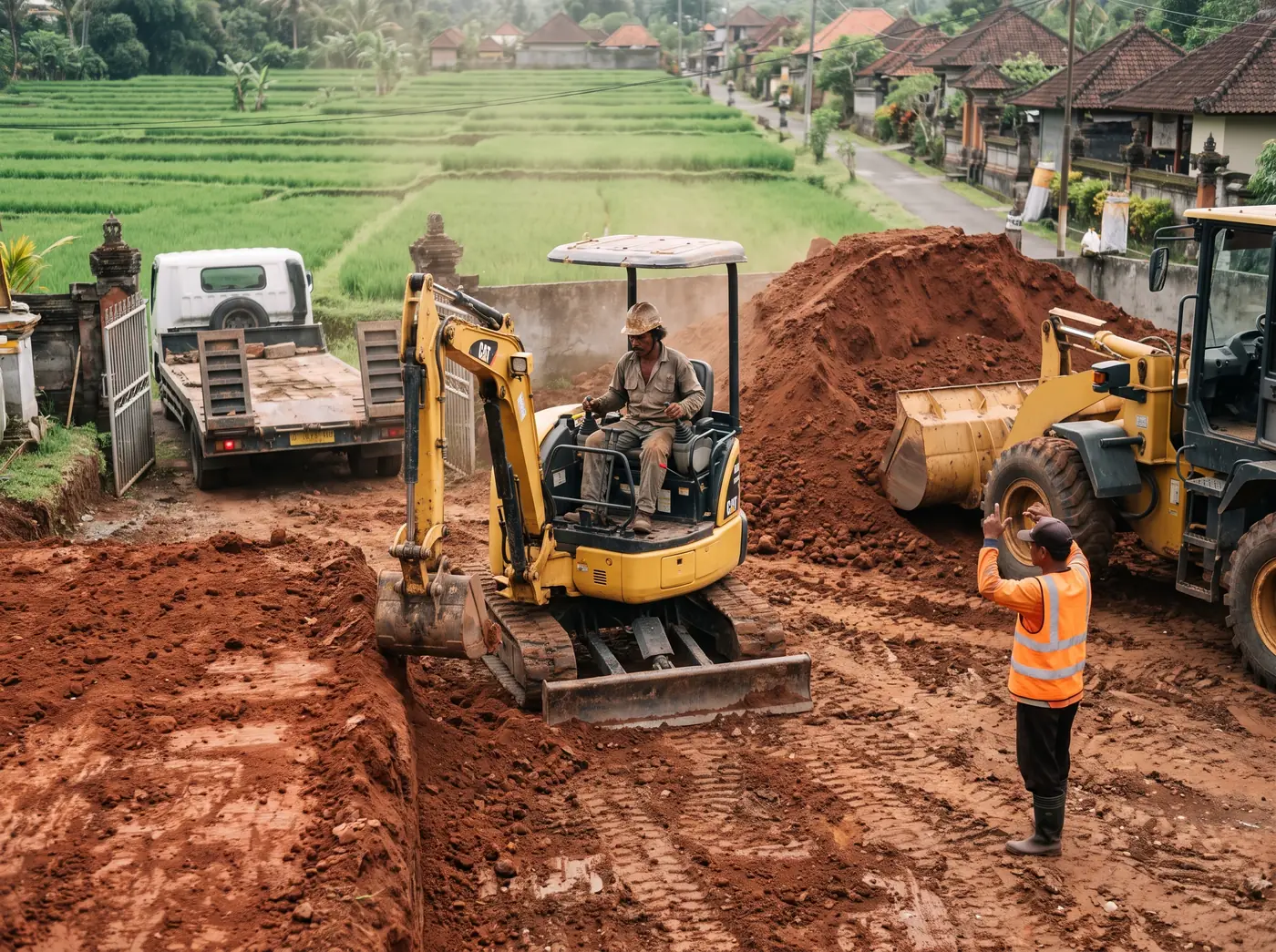 Operator loading a dump truck with a PC200 excavator on a construction site in Bali