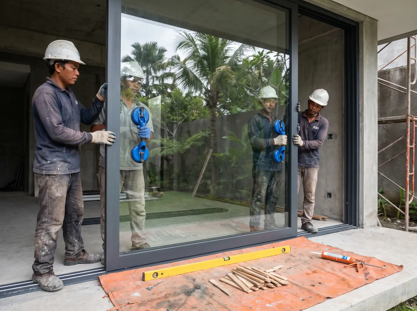 Glazing crew lifting a large aluminium sliding door panel into a new building opening in Bali