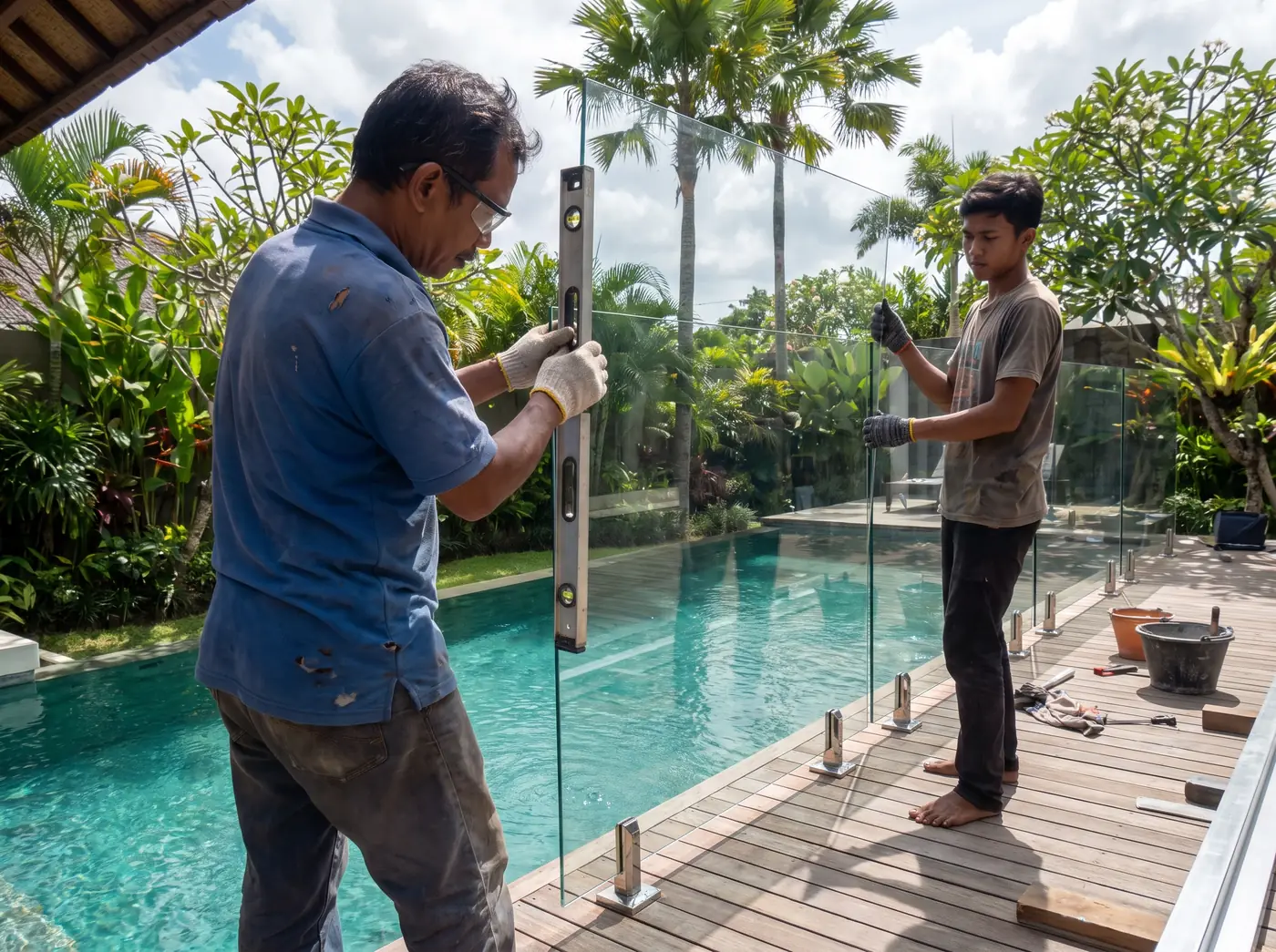 Installers levelling a frameless glass balustrade panel on stainless spigots at a Bali villa terrace