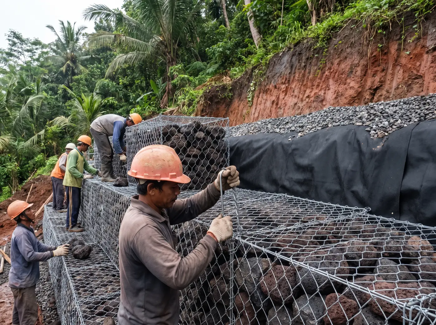 Workers filling gabion baskets with angular rock to build a retaining wall on a slope in Bali
