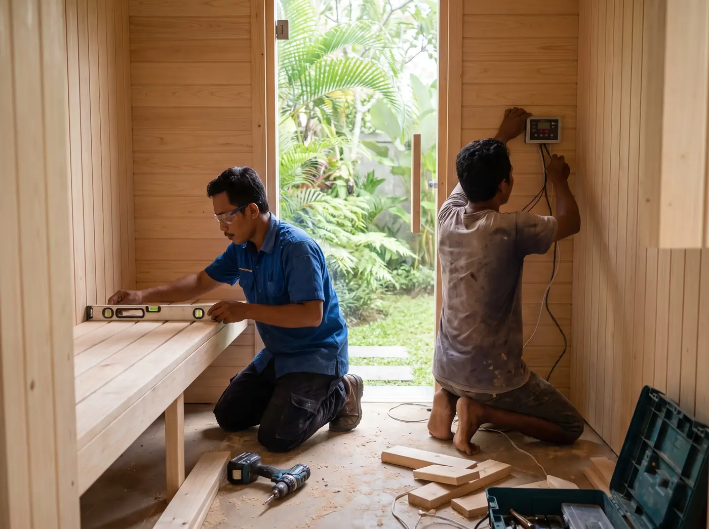 Installer fitting cedar wall boards inside an infrared sauna cabin at a Bali home