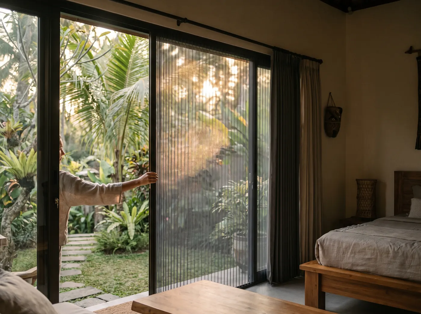 Pleated insect screen being drawn across a wide aluminium sliding door of a villa bedroom in Ubud, Bali, at dusk