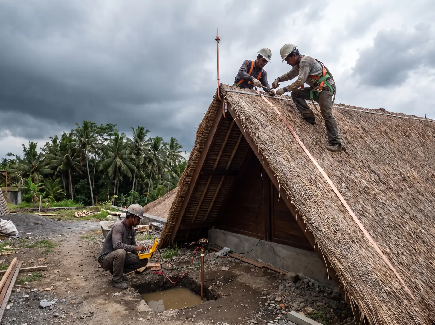 Technicians installing a lightning air terminal and down conductor on a Bali villa roof ridge