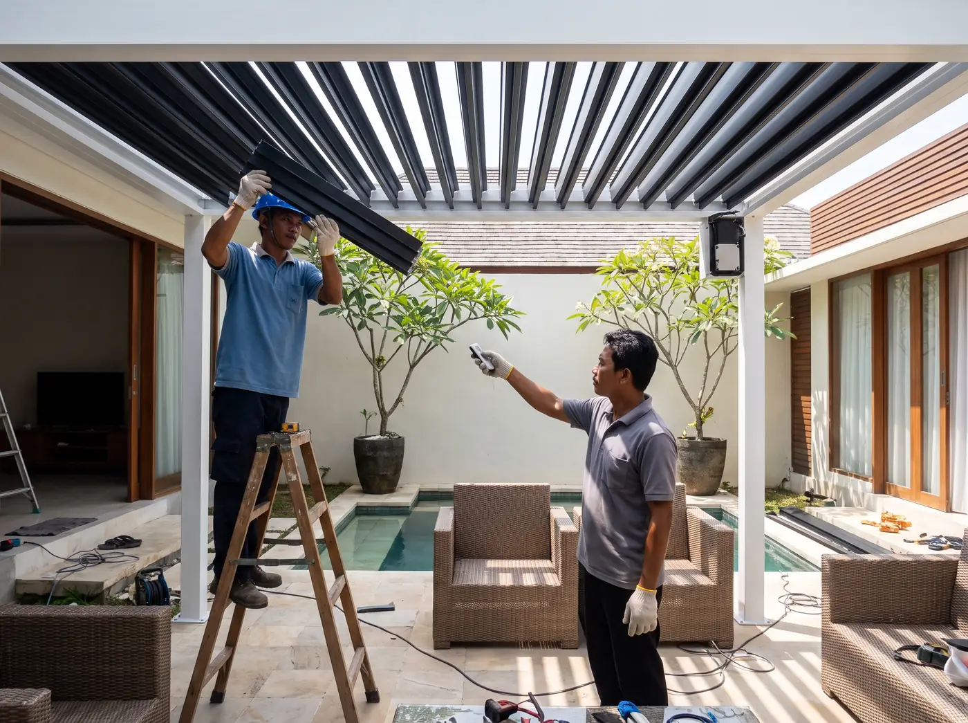 Fitters assembling an aluminium louvered pergola roof over a poolside terrace in Bali