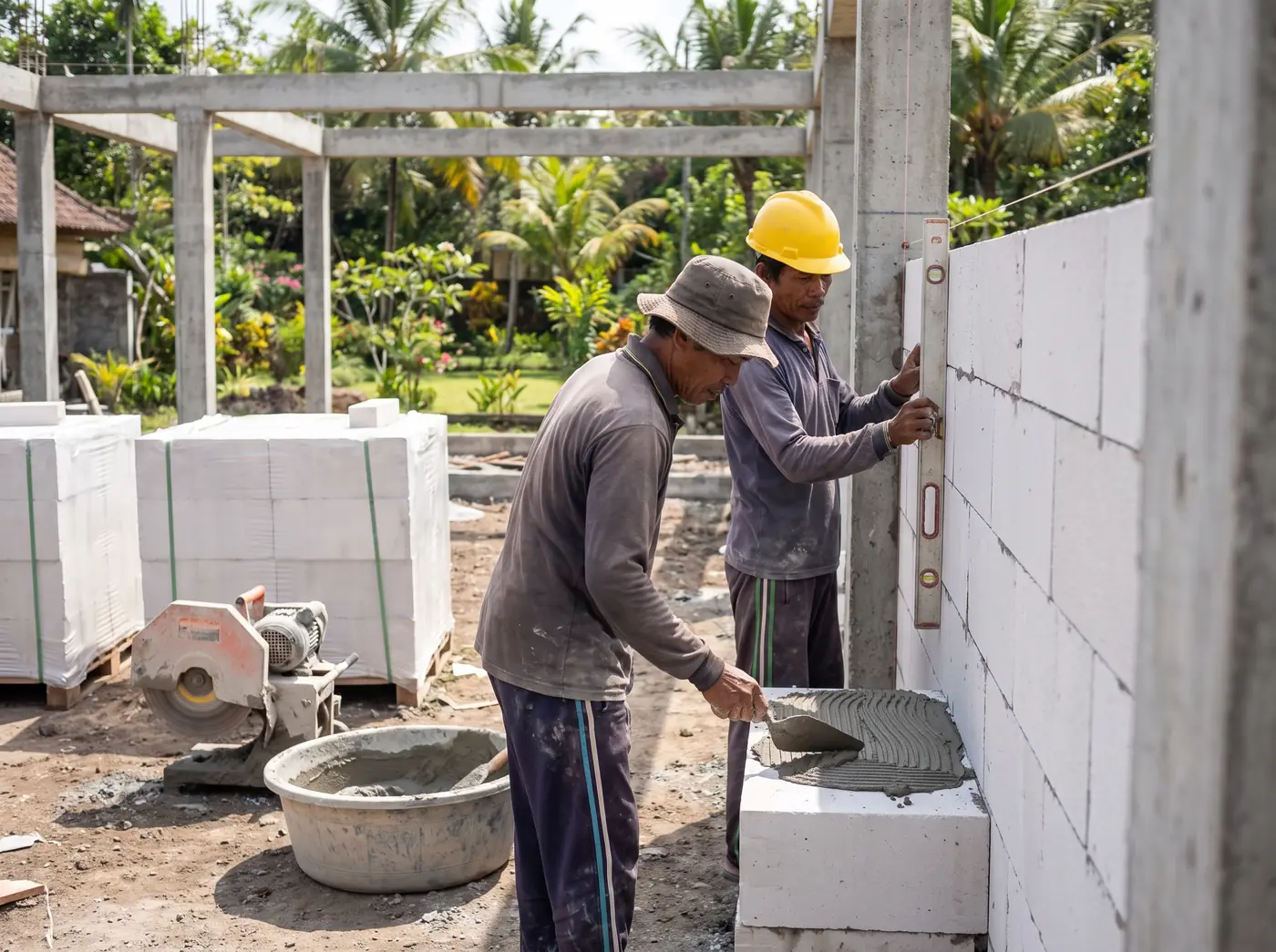 Masons laying AAC blocks along a chalked line inside a reinforced concrete frame at a Bali building site