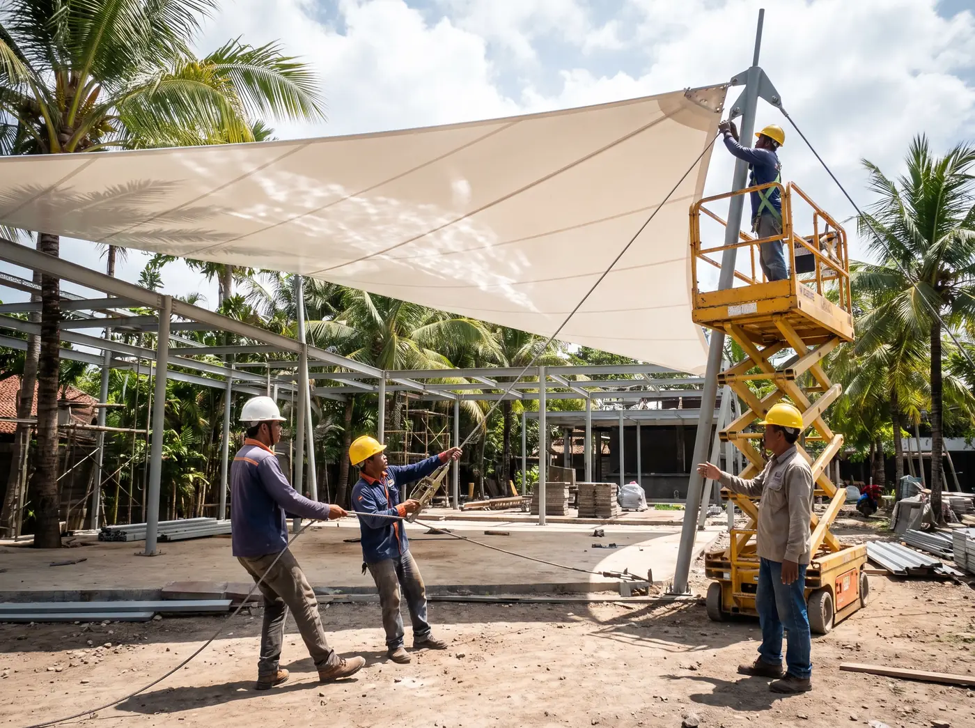 Riggers tensioning a white PVDF membrane canopy over a restaurant terrace in Bali
