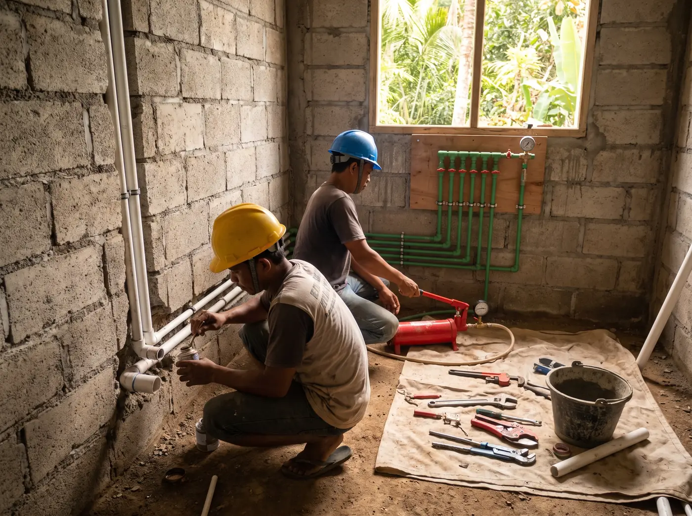 Plumbers laying PVC drainage and welding PPR water pipes into a new building slab in Bali