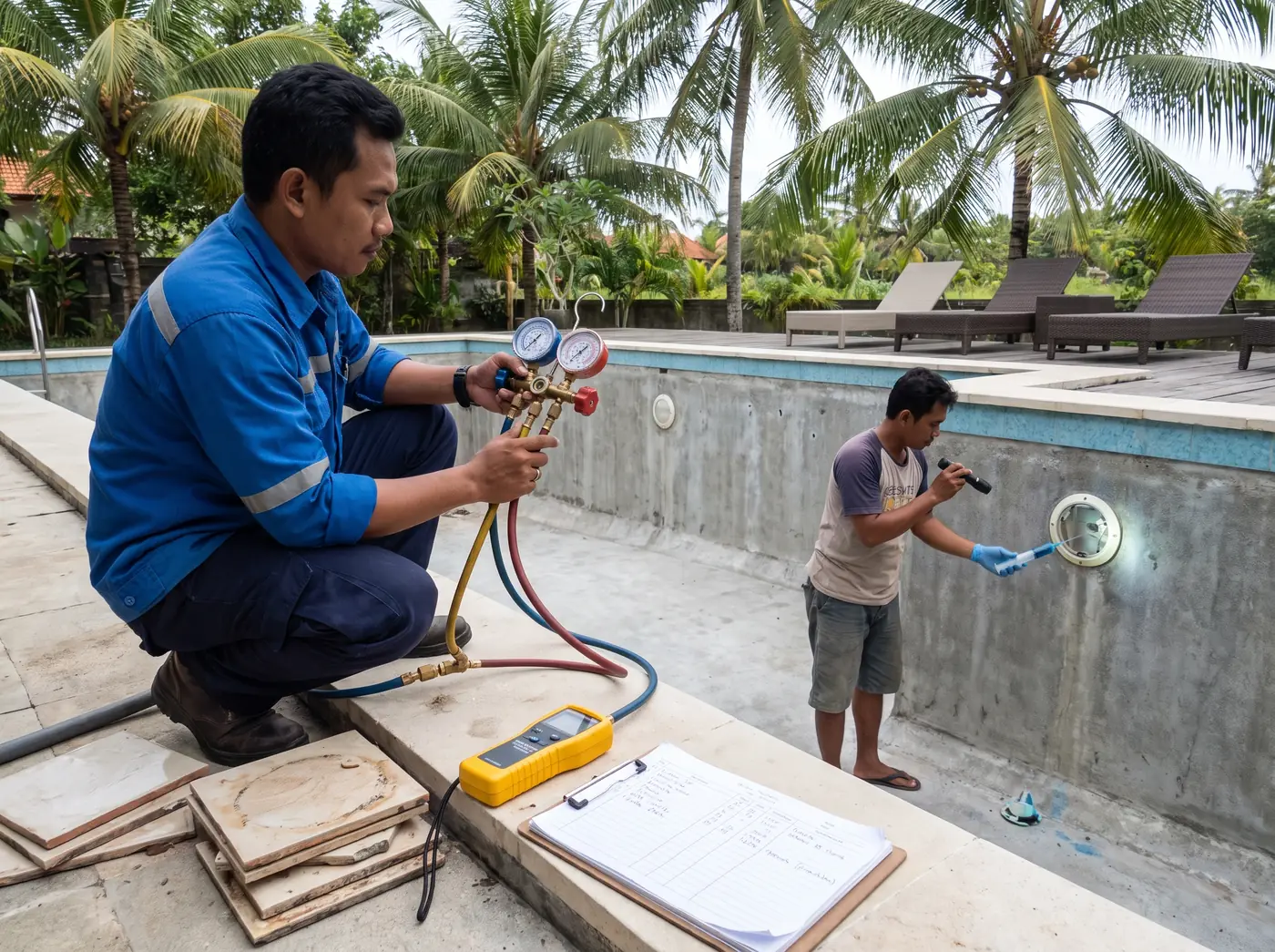 Technician pressure-testing pool return lines beside a villa swimming pool in Bali