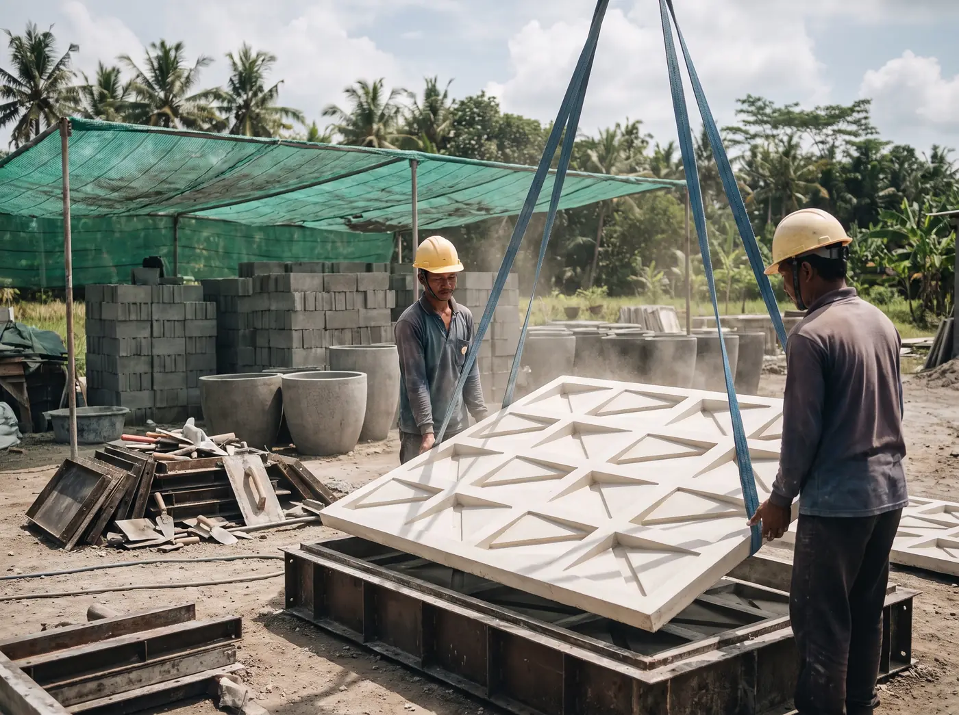 Yard workers demoulding a GRC facade panel while cast breeze blocks are stacked at a precast workshop in Bali