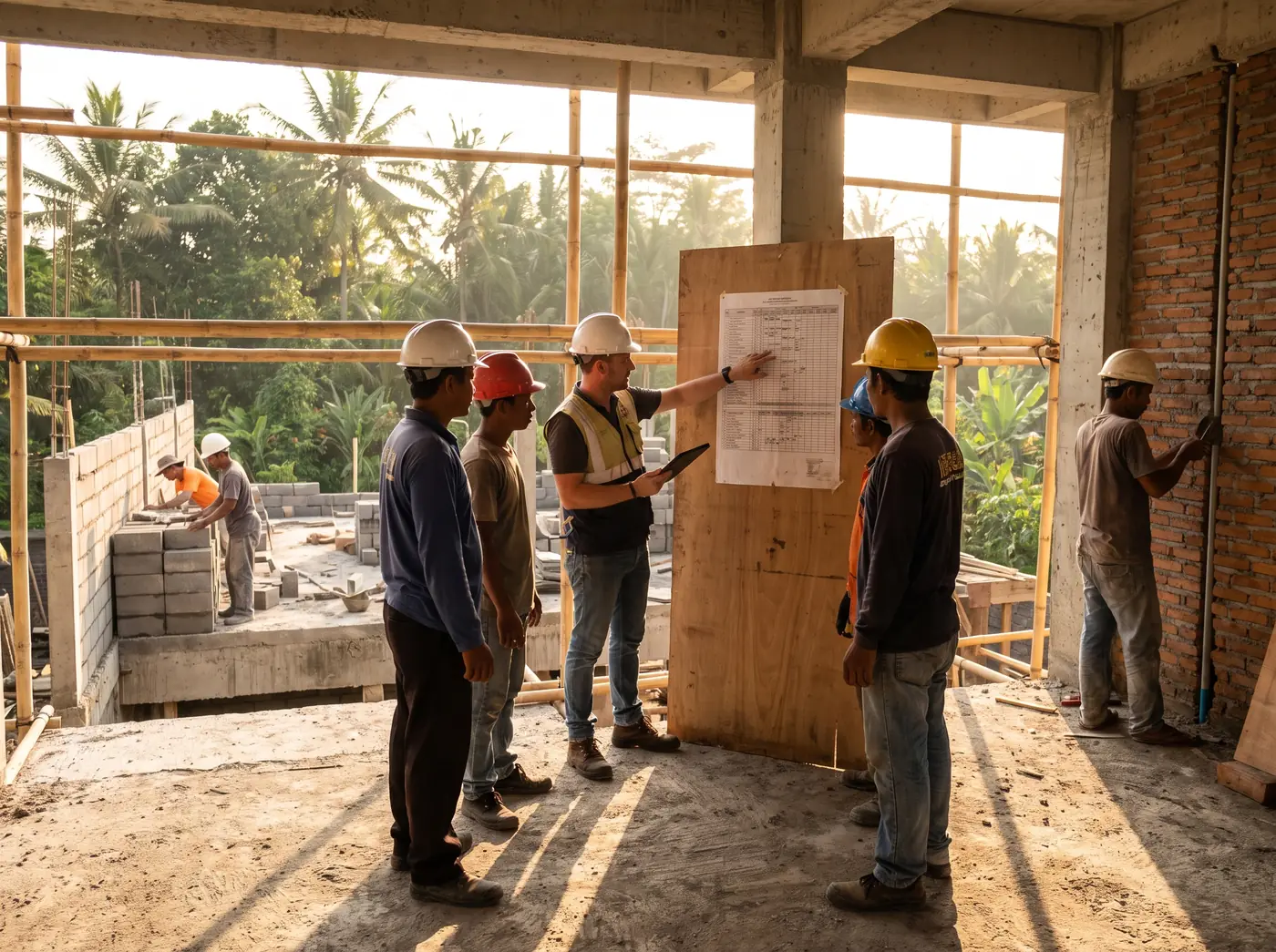 Project manager in a hard hat coordinating trade crews over a construction programme on a Bali site