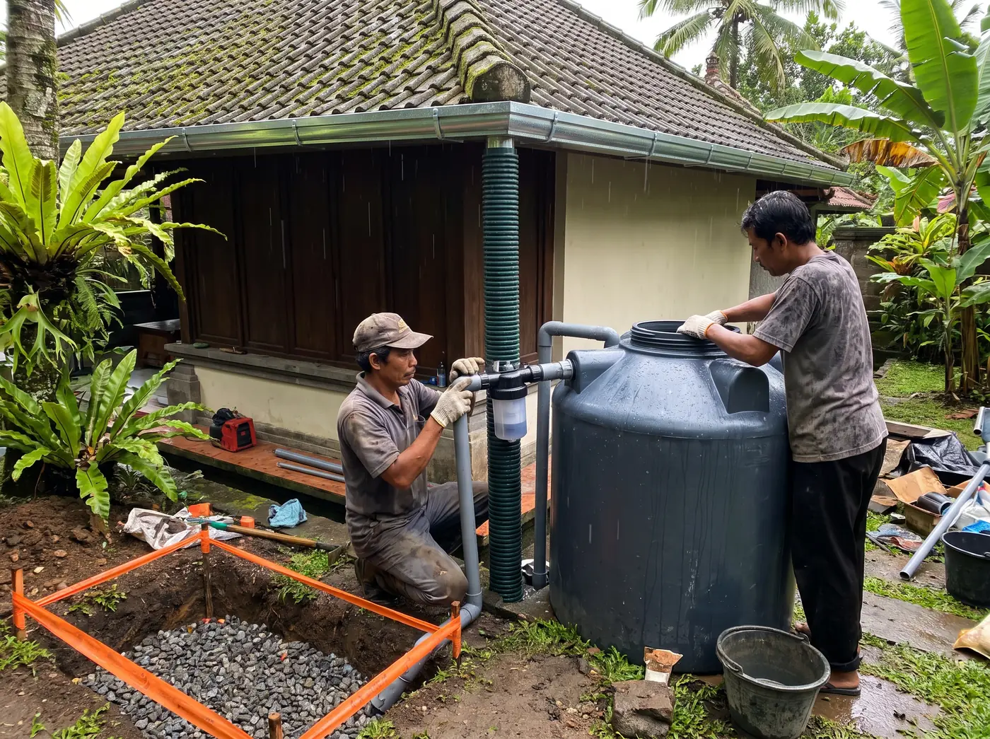 Workers installing a rainwater storage tank and first-flush diverter beside a Bali villa downpipe