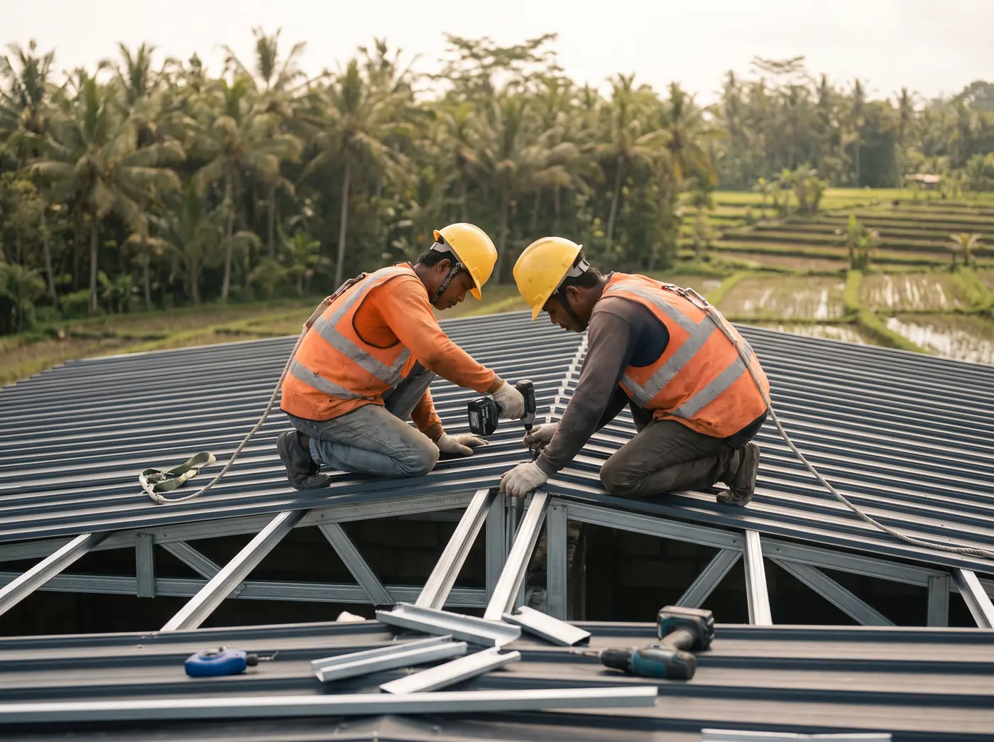 Roofing crew fixing colour-coated metal sheets on a villa roof frame in Bali