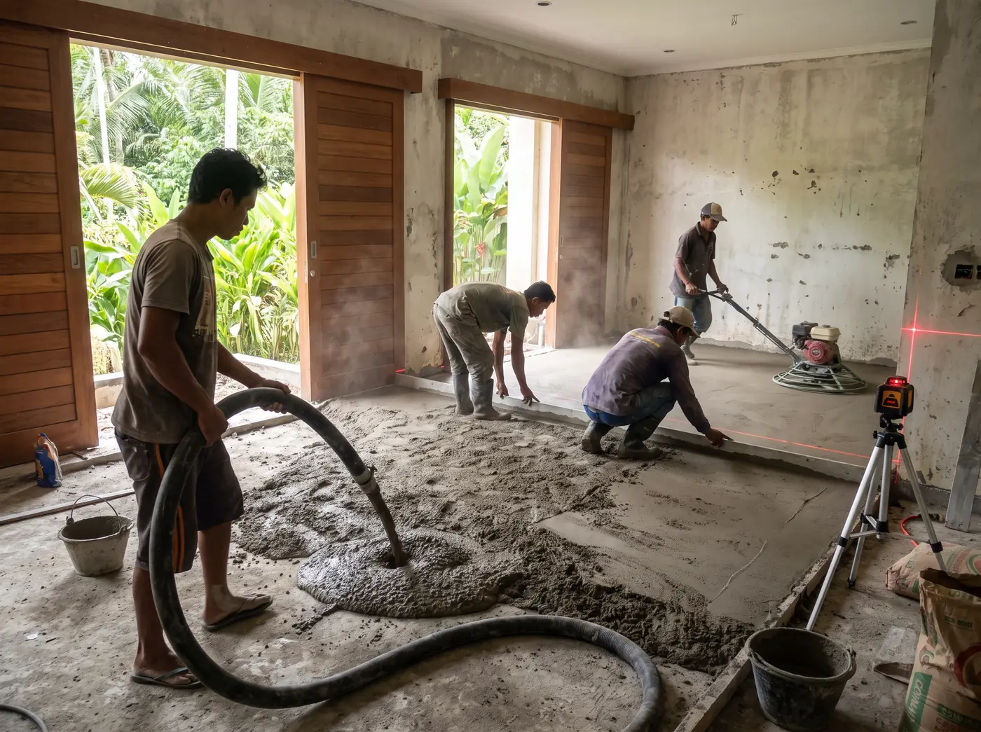 Screeding crew laser-levelling pumped semi-dry screed across an upper floor slab in Bali