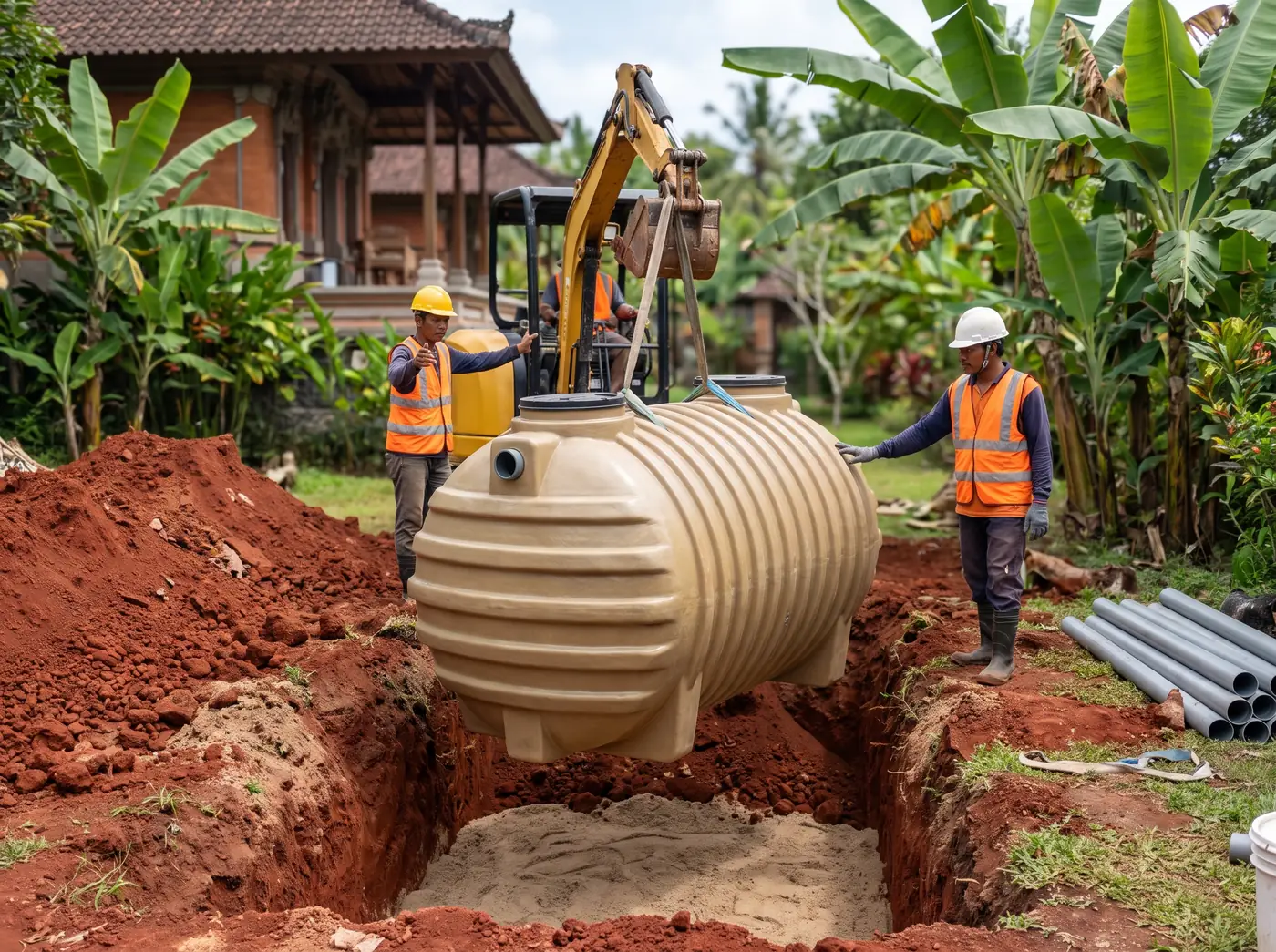 Crew lowering a bio septic tank into an excavated pit at a villa site in Bali