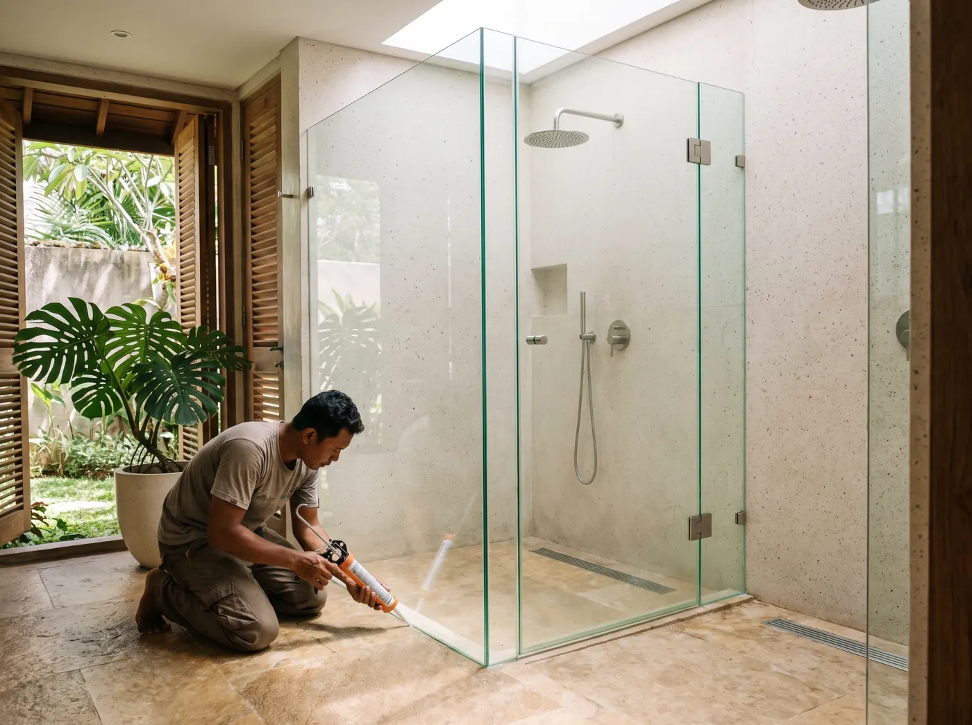 Installer sealing the base of a frameless glass shower enclosure in a villa bathroom with terrazzo walls in Uluwatu, Bali